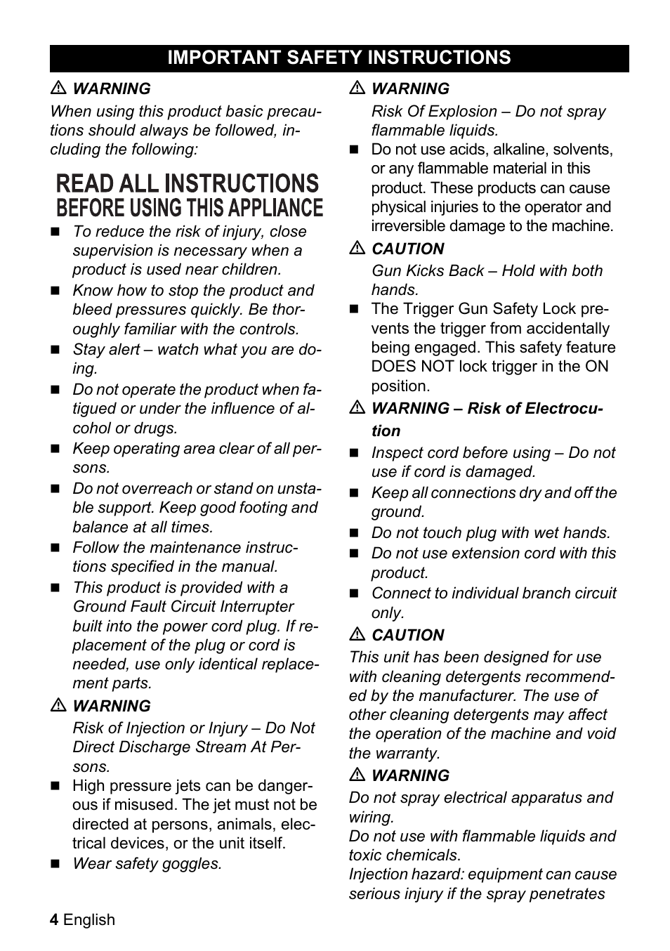 Important safety instruc, Tions, Important safety instructions | Karcher K 3-540 User Manual | Page 4 / 64