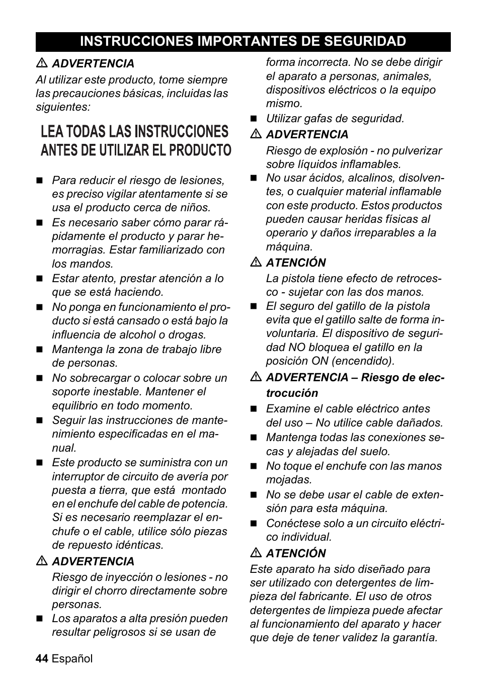Instrucciones importantes, De seguridad, Instrucciones importantes de seguridad | Karcher K 3-540 User Manual | Page 44 / 64