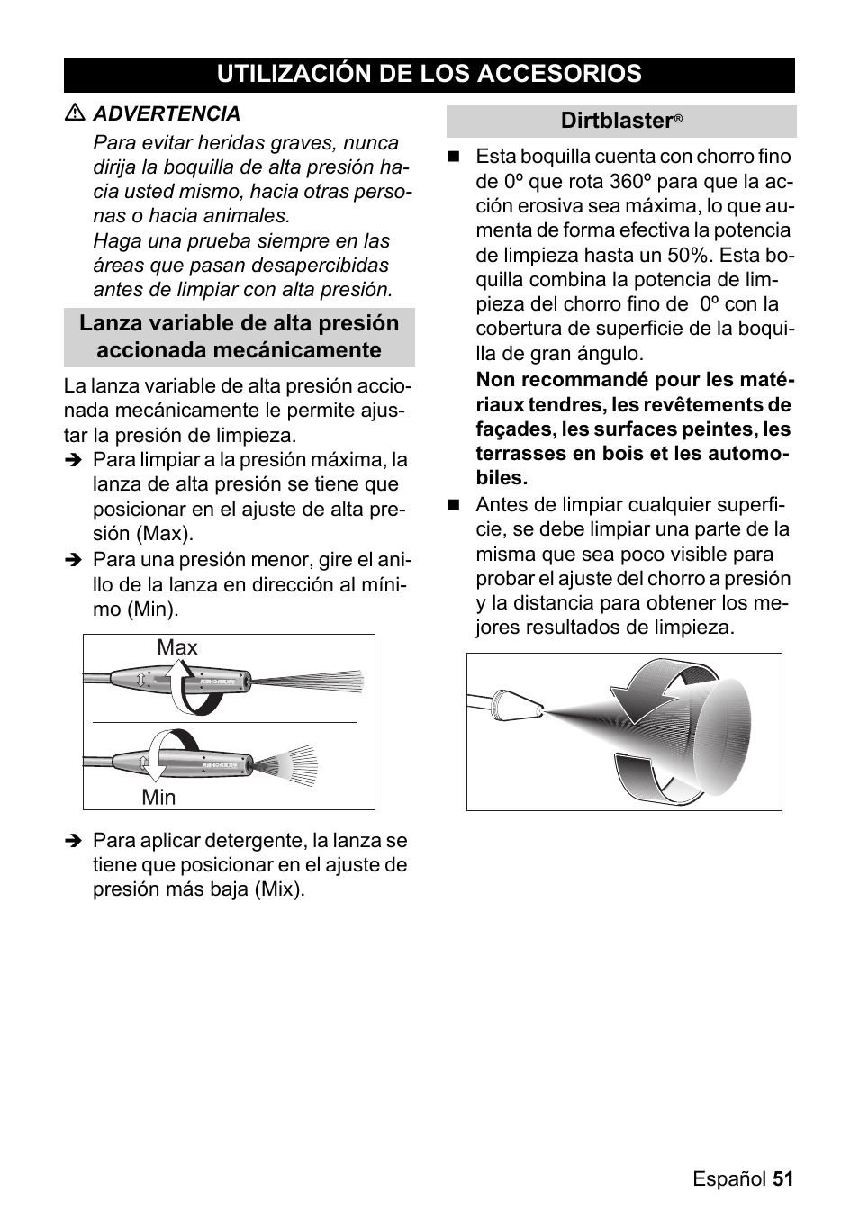 Utilización de los acceso, Rios, Utilización de los accesorios | Karcher K 3-540 User Manual | Page 51 / 64