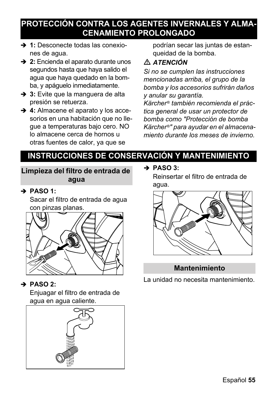 Protección contra los, Agentes invernales y alma, Cenamiento prolongado | Instrucciones de conserva, Ción y mantenimiento | Karcher K 3-540 User Manual | Page 55 / 64