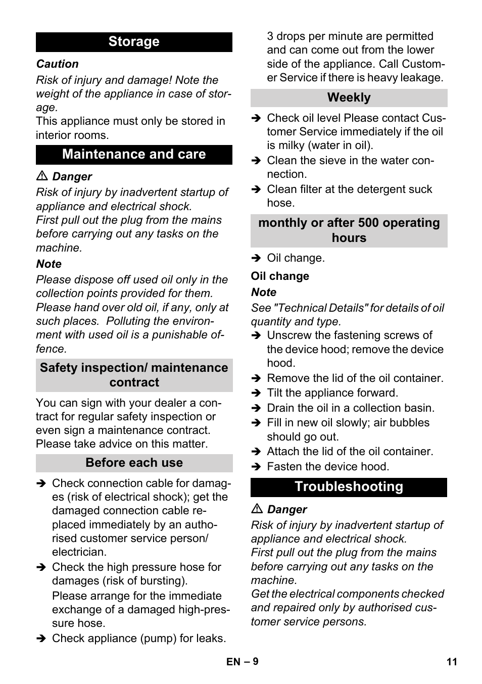 Storage maintenance and care, Troubleshooting | Karcher HD 3-0-20- 4M Ea User Manual | Page 11 / 44