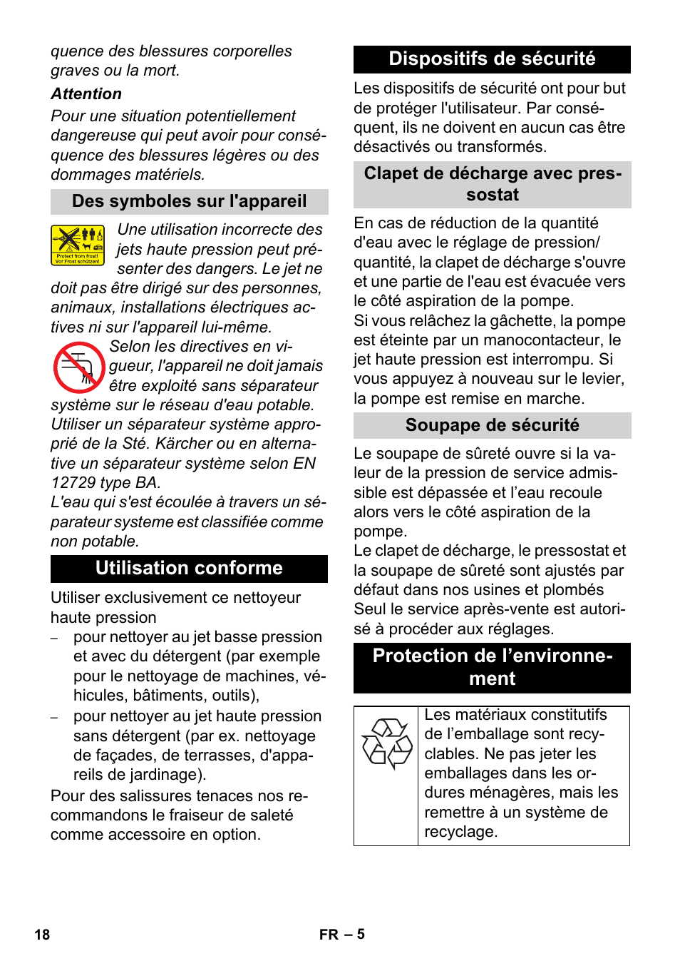 Utilisation conforme dispositifs de sécurité, Protection de l’environne- ment | Karcher HD 3-0-20- 4M Ea User Manual | Page 18 / 44