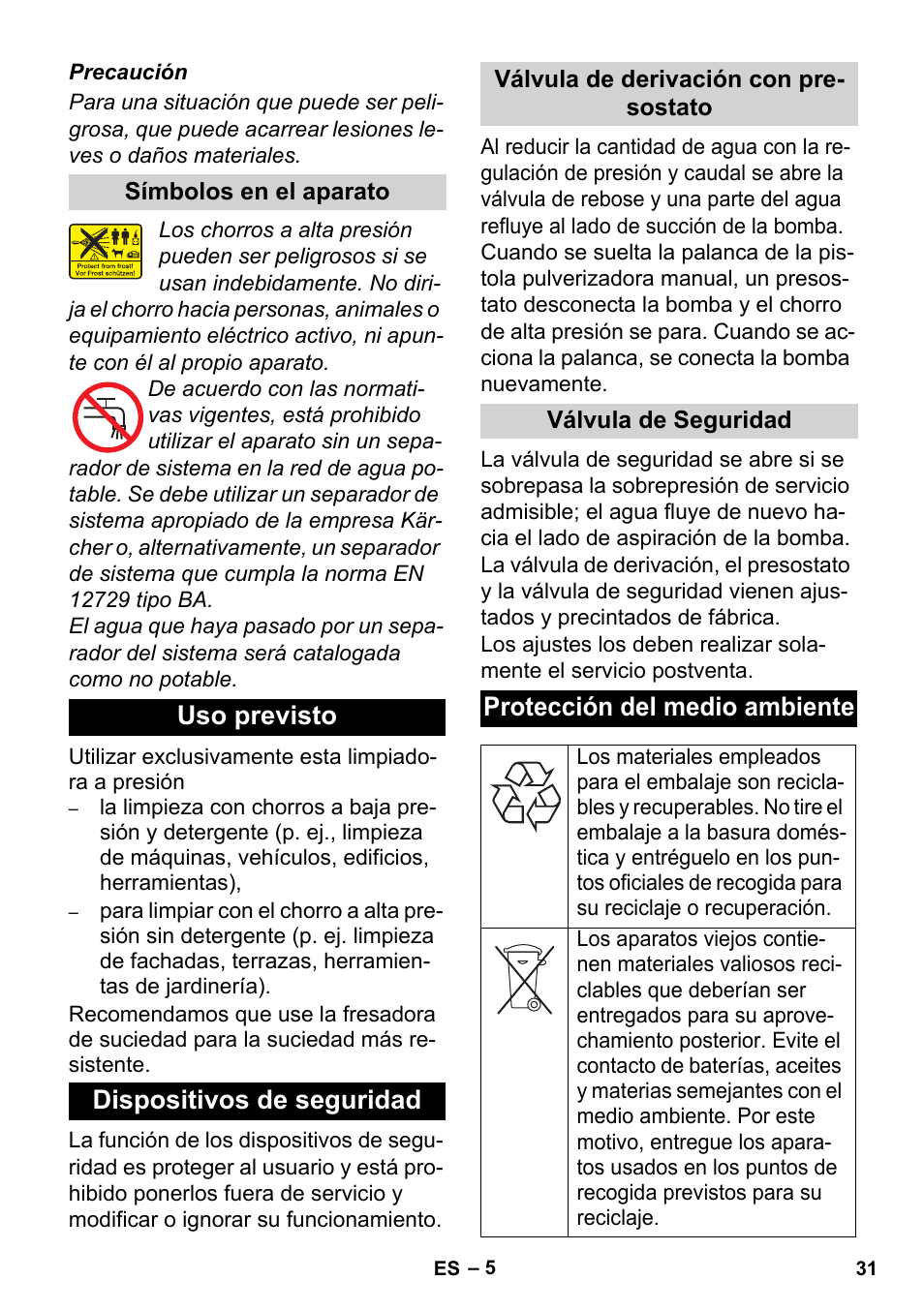 Uso previsto dispositivos de seguridad, Protección del medio ambiente | Karcher HD 3-0-20- 4M Ea User Manual | Page 31 / 44