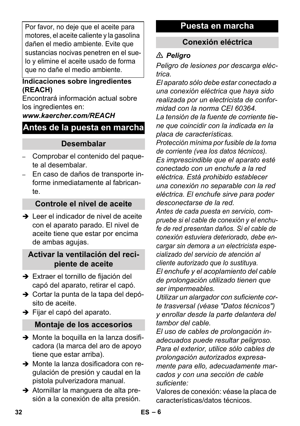 Antes de la puesta en marcha, Puesta en marcha | Karcher HD 3-0-20- 4M Ea User Manual | Page 32 / 44