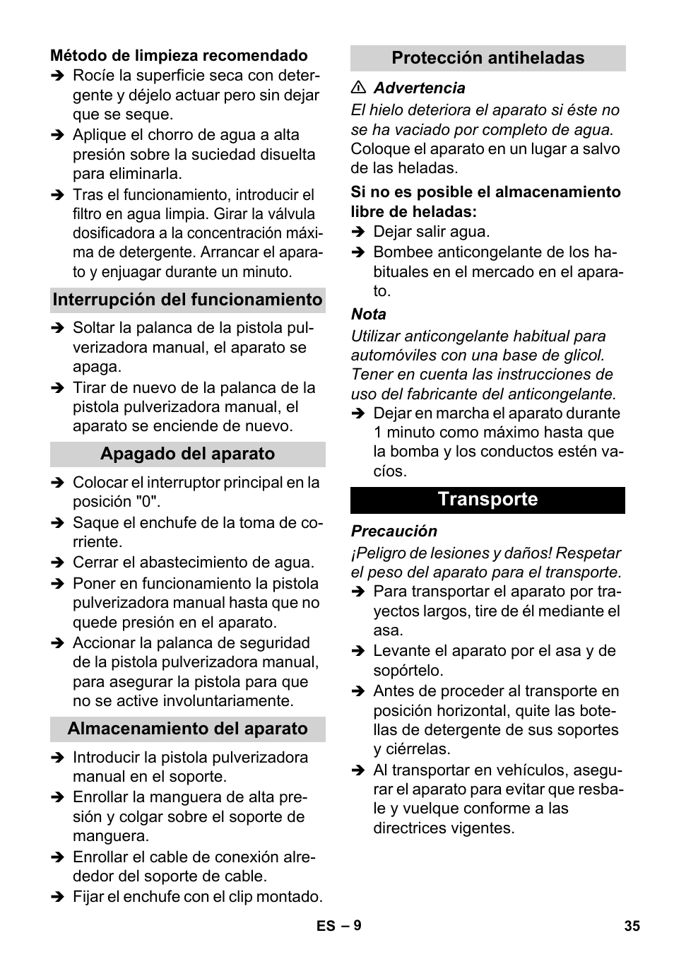 Transporte | Karcher HD 3-0-20- 4M Ea User Manual | Page 35 / 44