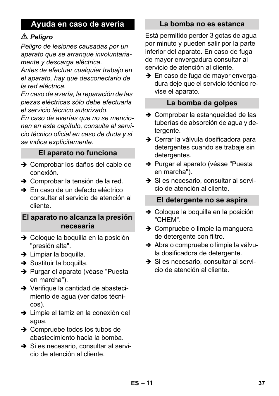 Ayuda en caso de avería | Karcher HD 3-0-20- 4M Ea User Manual | Page 37 / 44