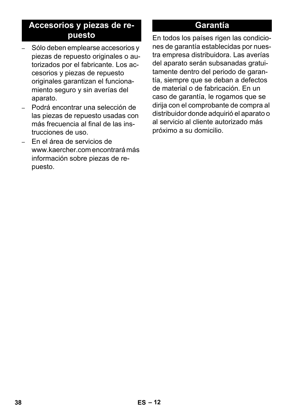 Accesorios y piezas de re- puesto garantía | Karcher HD 3-0-20- 4M Ea User Manual | Page 38 / 44