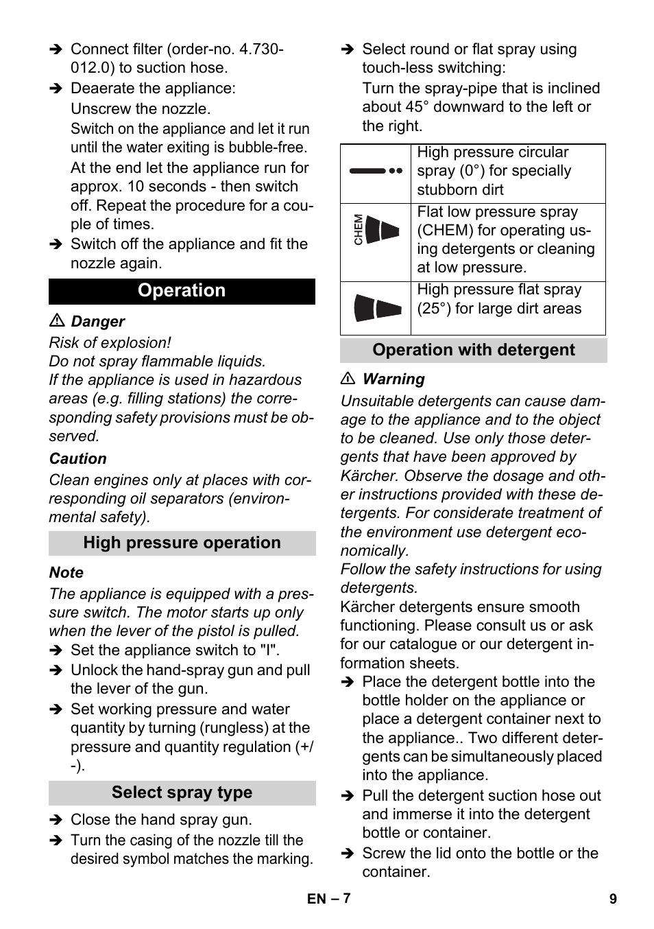 Operation | Karcher HD 3-0-20- 4M Ea User Manual | Page 9 / 44