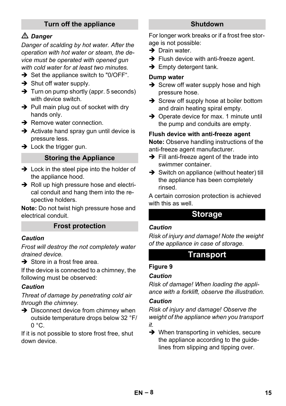 Storage transport | Karcher HDS 5-0-30 -4S Ec User Manual | Page 15 / 60