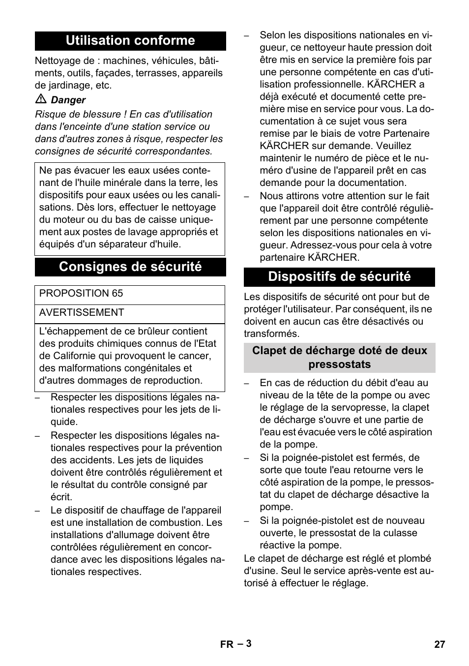 Utilisation conforme, Consignes de sécurité, Dispositifs de sécurité | Karcher HDS 5-0-30 -4S Ec User Manual | Page 27 / 60