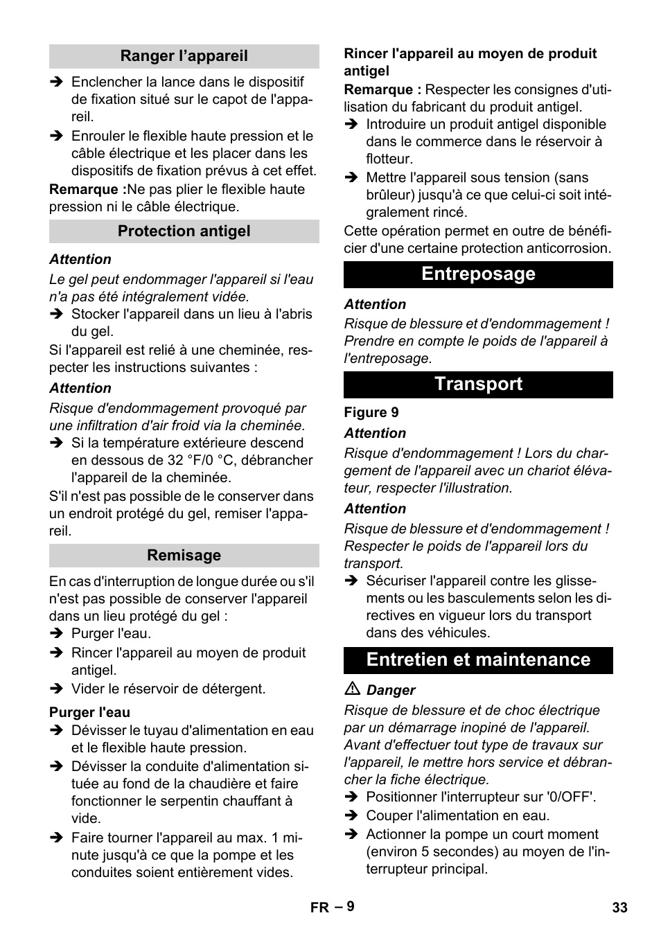 Entreposage transport entretien et maintenance | Karcher HDS 5-0-30 -4S Ec User Manual | Page 33 / 60