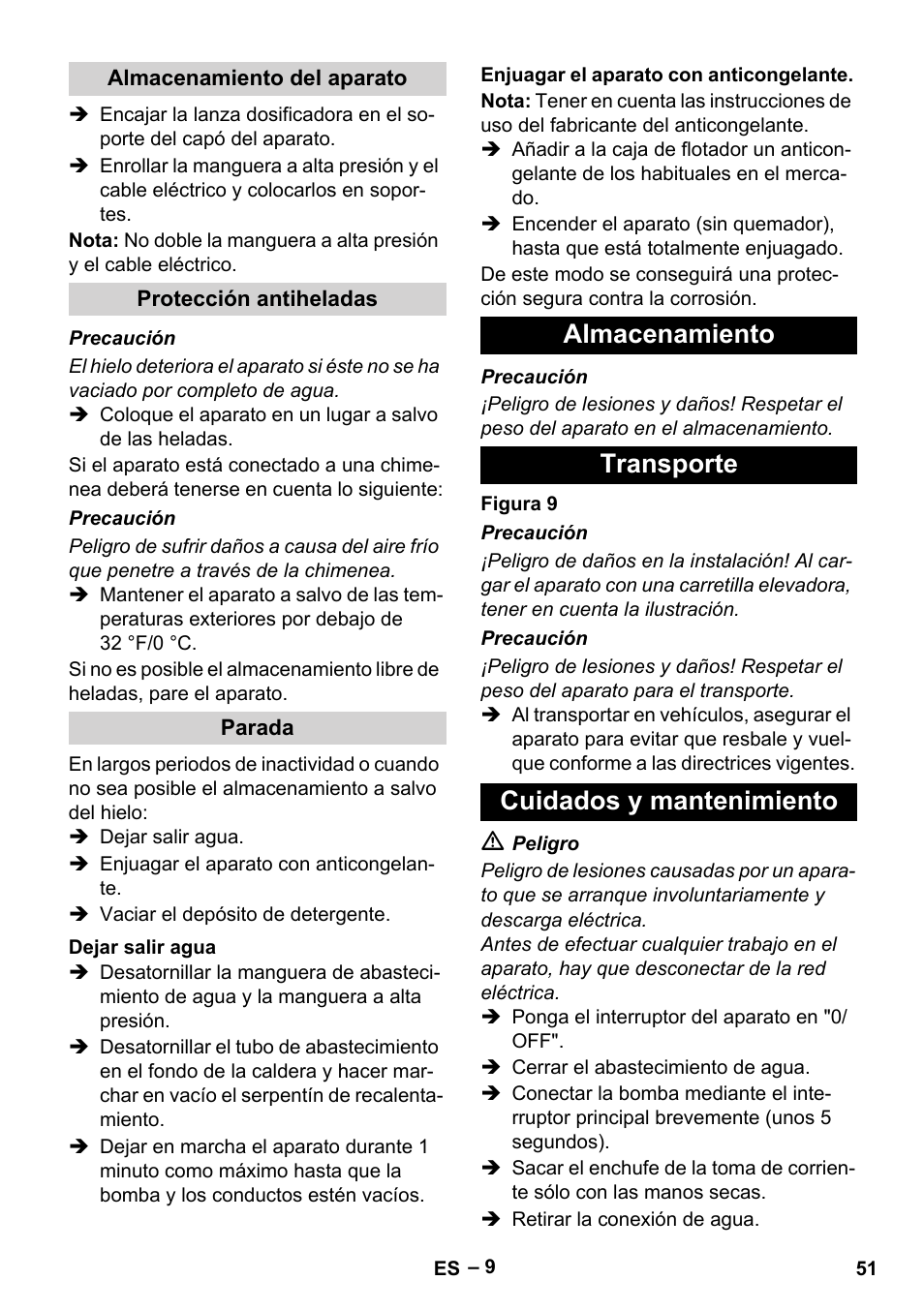 Almacenamiento transporte cuidados y mantenimiento | Karcher HDS 5-0-30 -4S Ec User Manual | Page 51 / 60