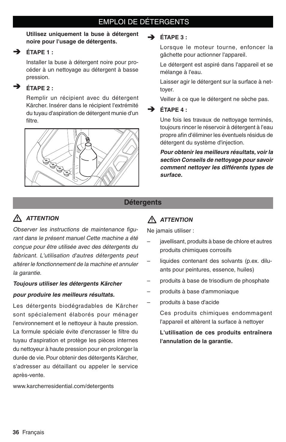 Emploi de détergents, Détergents | Karcher G 2700 DC User Manual | Page 36 / 44