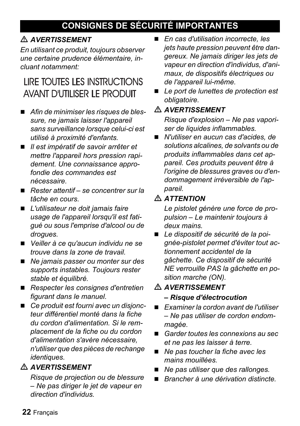 Consignes de sécurité impor, Tantes, Consignes de sécurité importantes | Karcher K 3-690 User Manual | Page 22 / 60