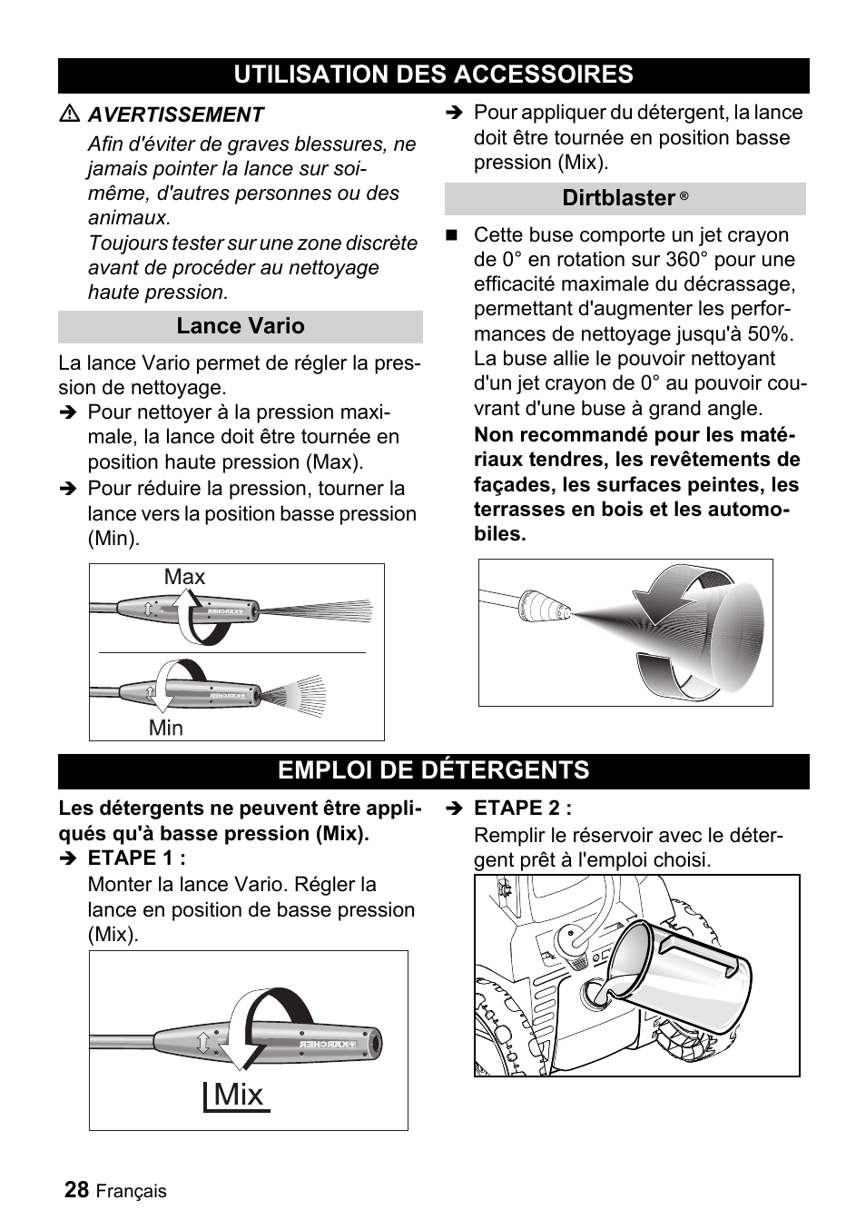 Utilisation des accessoires, Emploi de détergents | Karcher K 3-690 User Manual | Page 28 / 60