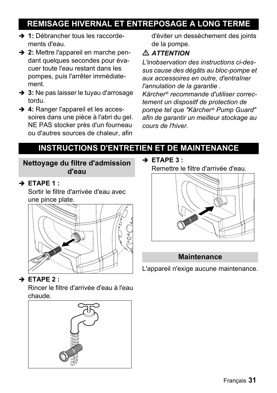 Remisage hivernal et entrepo, Sage a long terme, Instructions d'entretien et | De maintenance | Karcher K 3-690 User Manual | Page 31 / 60