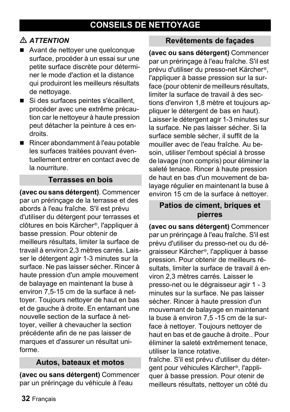 Conseils de nettoyage | Karcher K 3-690 User Manual | Page 32 / 60