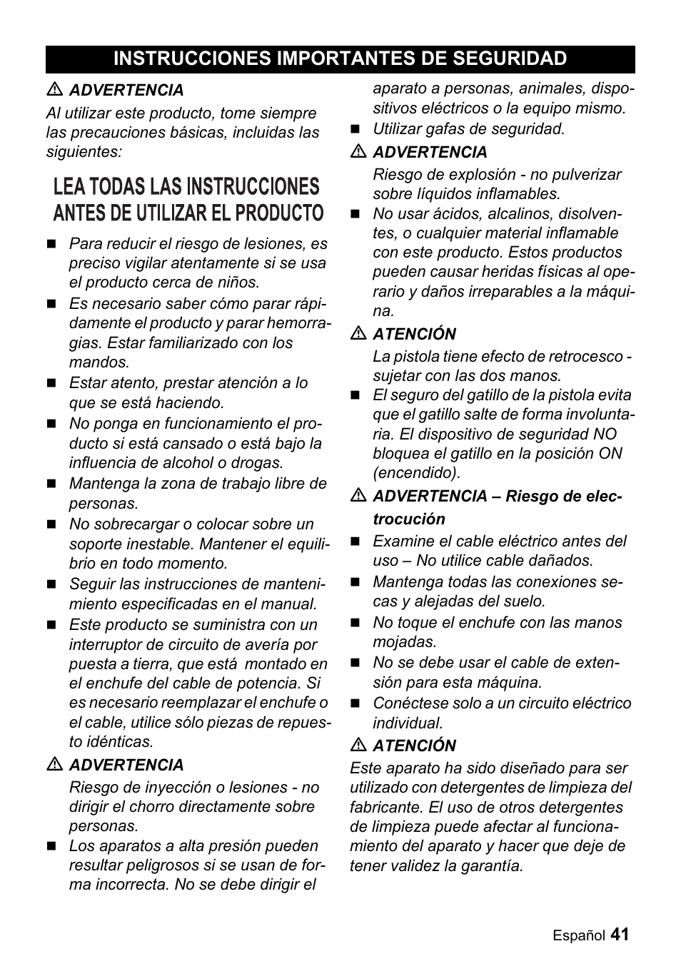 Instrucciones importantes de, Seguridad, Instrucciones importantes de seguridad | Karcher K 3-690 User Manual | Page 41 / 60