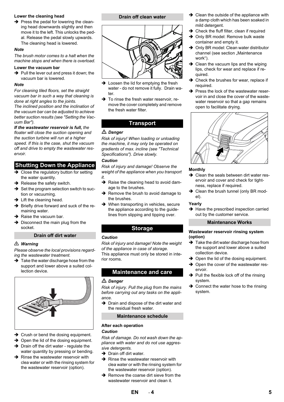 Shutting down the appliance, Transport storage maintenance and care | Karcher B 40 W DOSE roller User Manual | Page 5 / 12