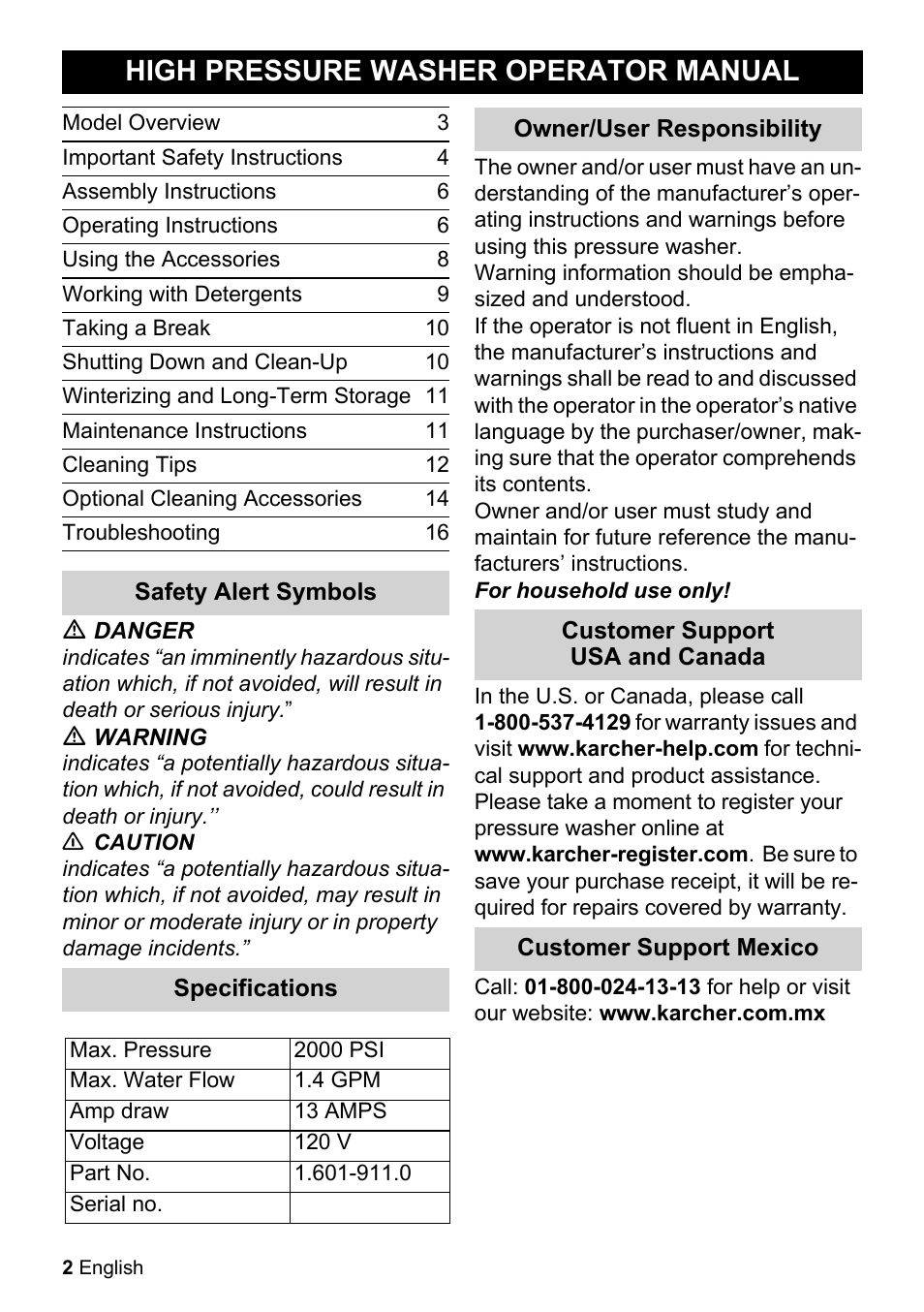 High pressure washer operator manual, Model overview, Important safety instructions | Assembly instructions, Operating instructions, Using the accessories, Working with detergents, Taking a break, Shutting down and clean-up, Winterizing and long-term storage | Karcher K 5-68 MD Plus User Manual | Page 2 / 52