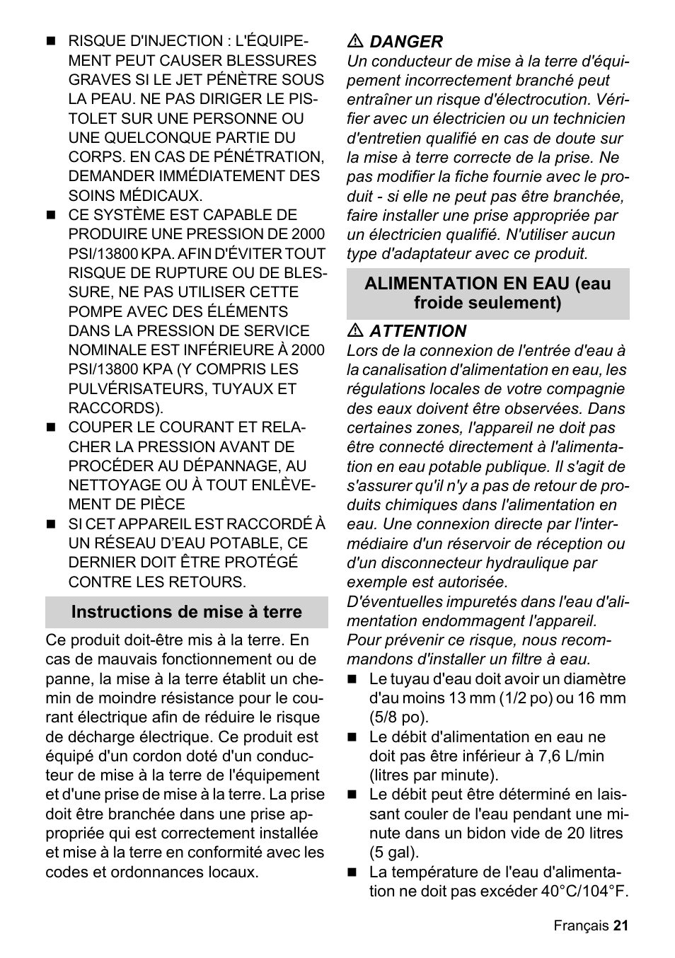 Instructions de mise à terre, M danger, Alimentation en eau (eau froide seulement) | M attention | Karcher K 5-68 MD Plus User Manual | Page 21 / 52