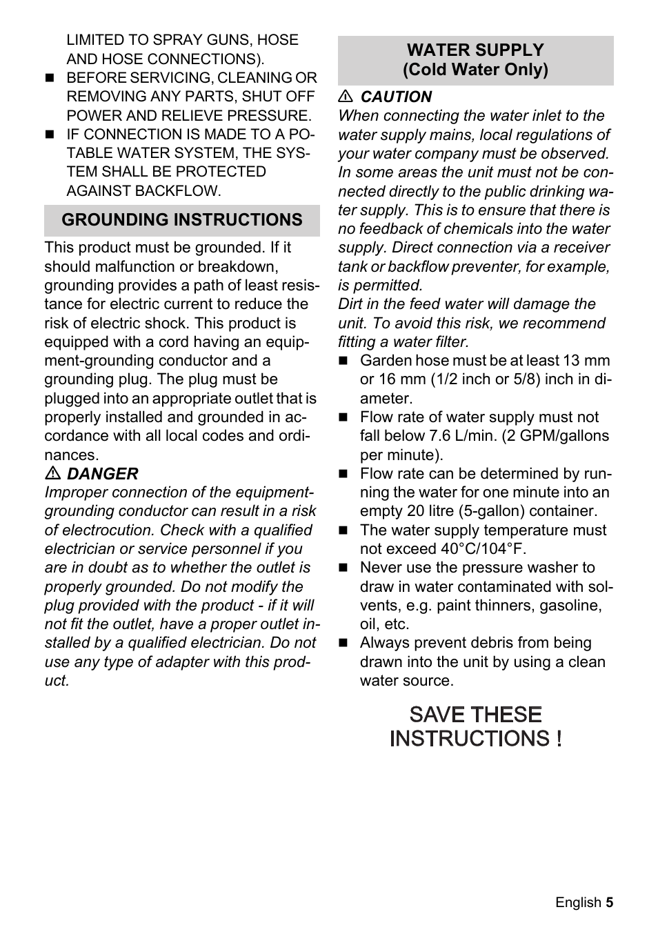 Grounding instructions, M danger, Water supply (cold water only) | N caution | Karcher K 5-68 MD Plus User Manual | Page 5 / 52