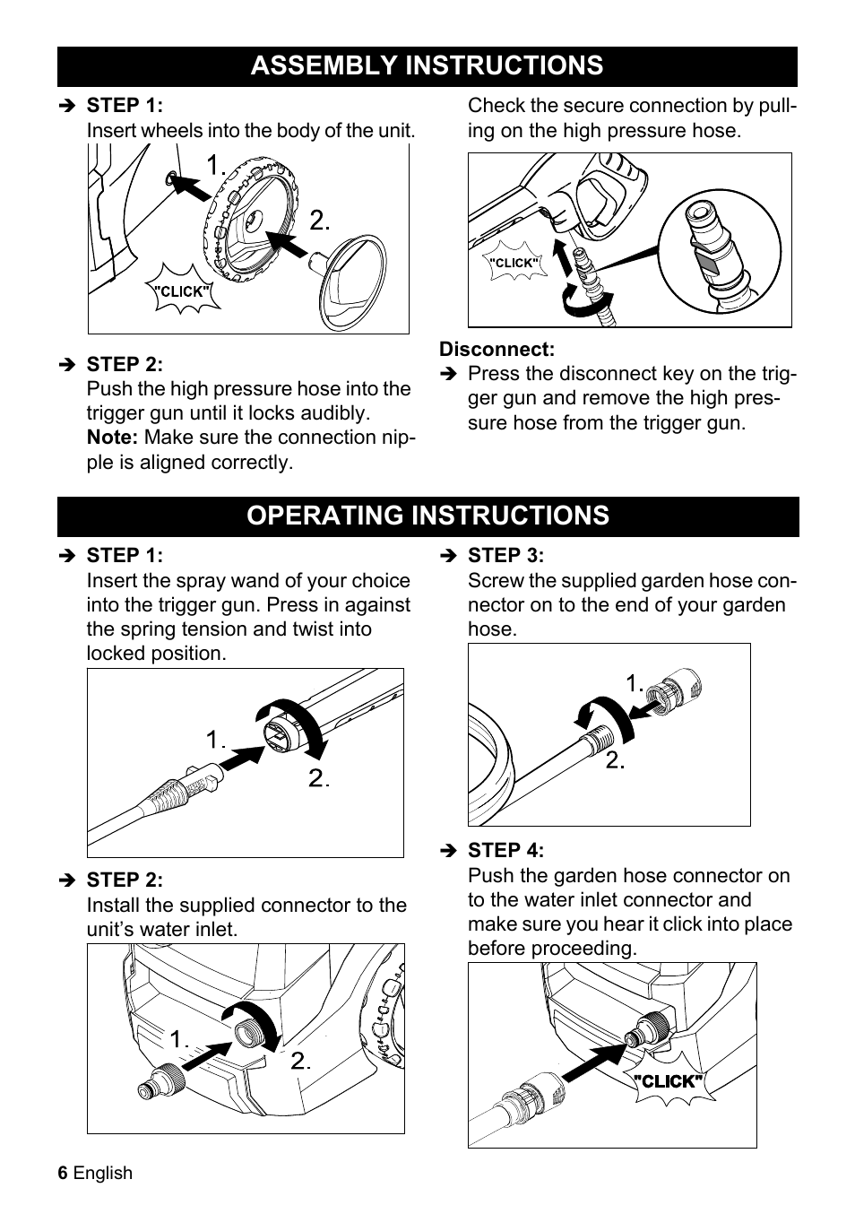 Assembly instructions, Step 1, Insert wheels into the body of the unit | Step 2, Disconnect, Operating instructions, Step 3, Step 4, Assembly instructions operating instructions | Karcher K 5-68 MD Plus User Manual | Page 6 / 52