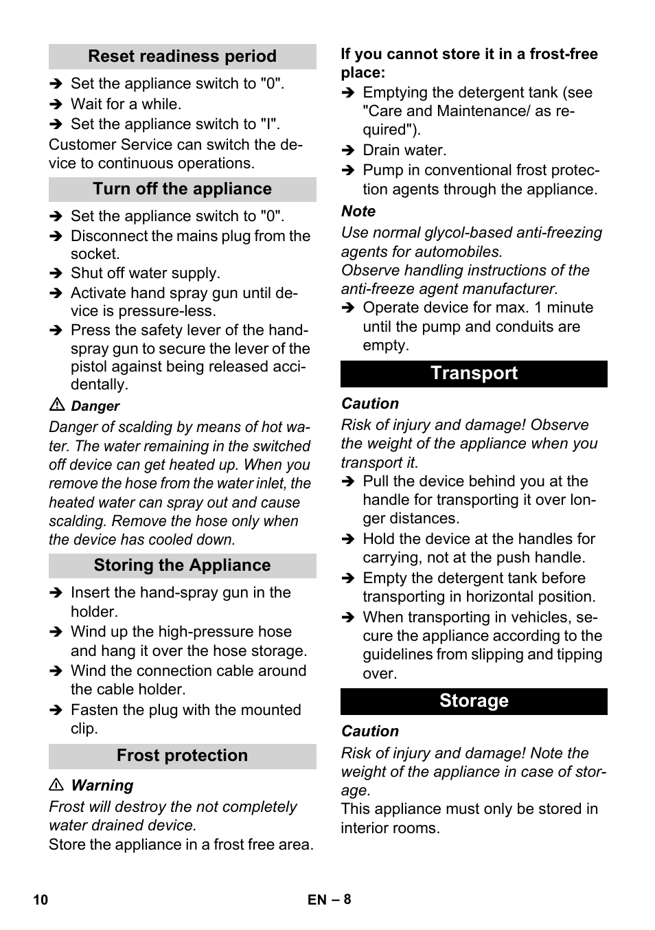 Transport storage | Karcher HD 4-5-32-4 S Ec User Manual | Page 10 / 44
