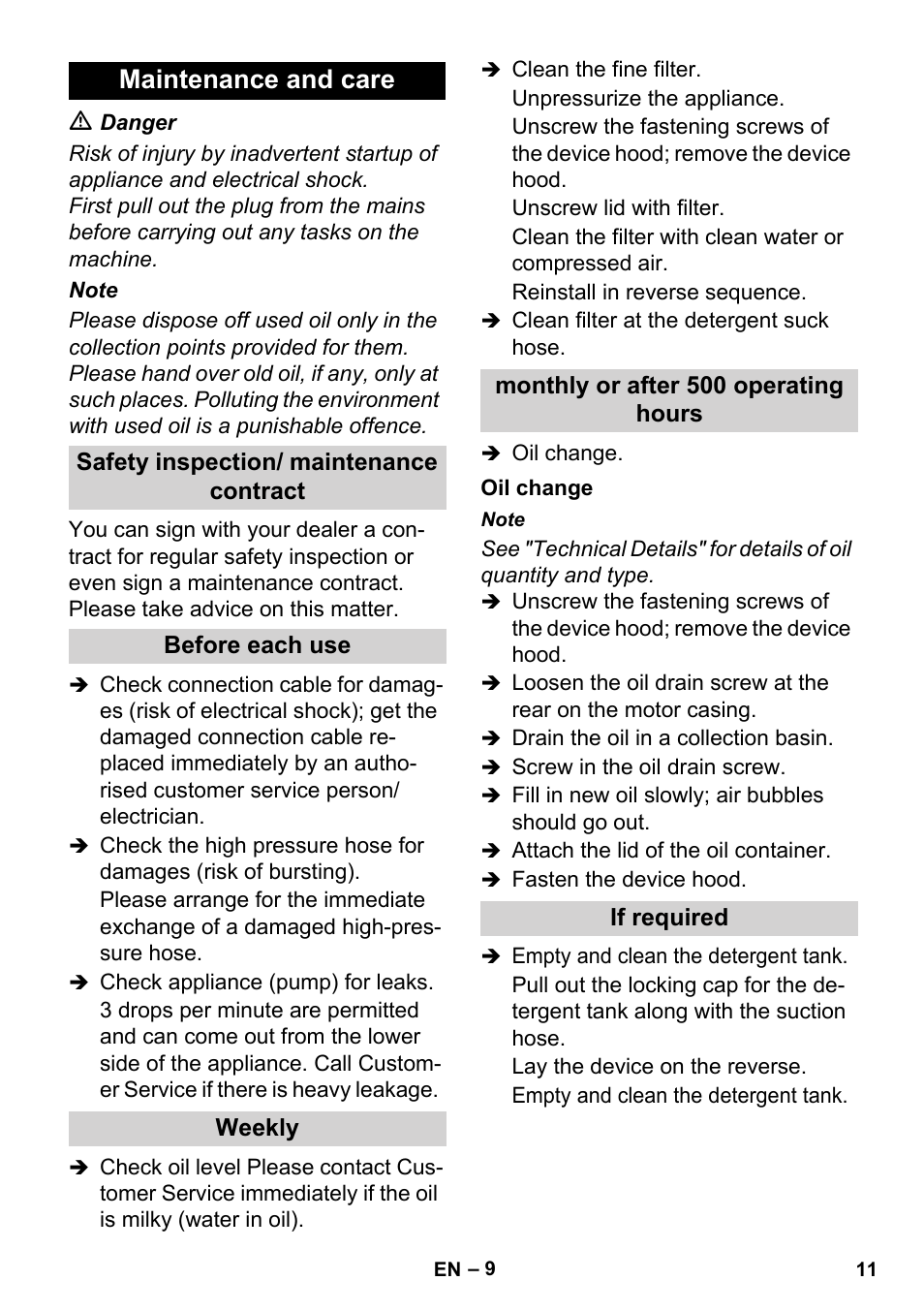 Maintenance and care | Karcher HD 4-5-32-4 S Ec User Manual | Page 11 / 44