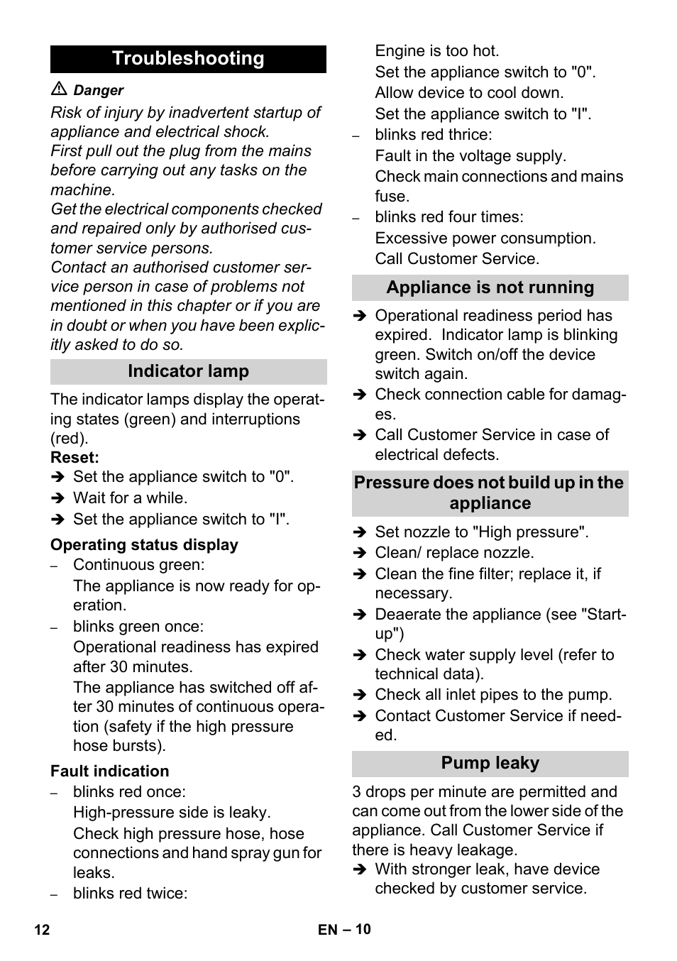 Troubleshooting | Karcher HD 4-5-32-4 S Ec User Manual | Page 12 / 44