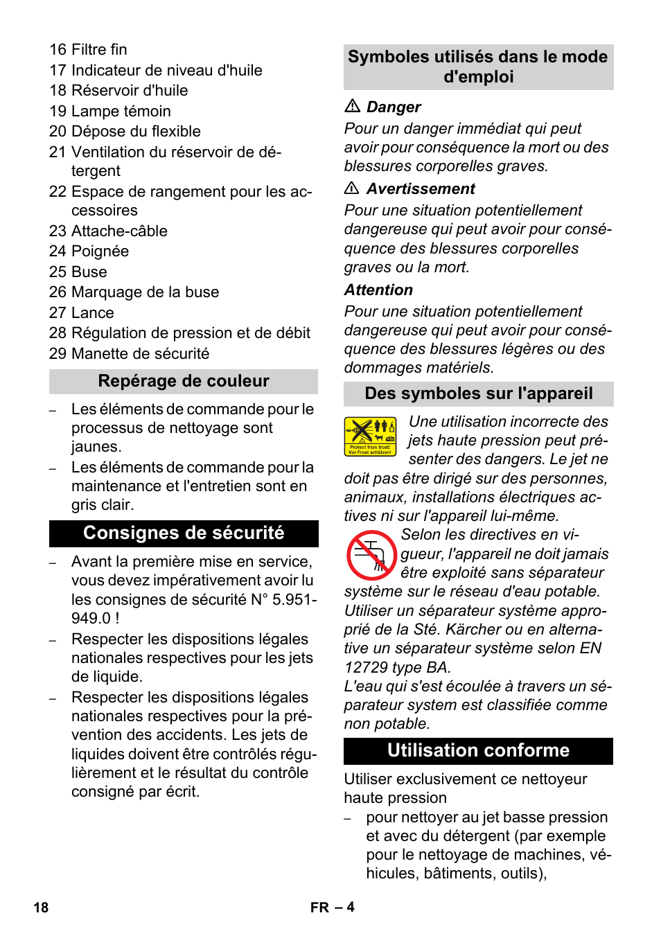 Consignes de sécurité, Utilisation conforme | Karcher HD 4-5-32-4 S Ec User Manual | Page 18 / 44