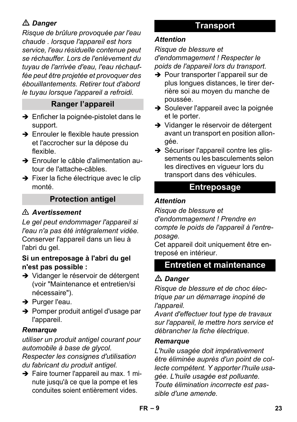 Transport entreposage entretien et maintenance | Karcher HD 4-5-32-4 S Ec User Manual | Page 23 / 44