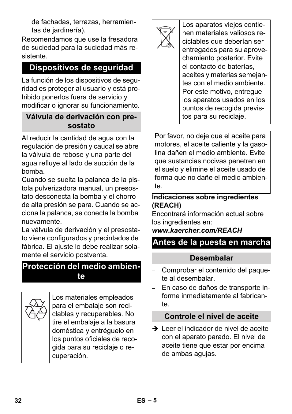 Dispositivos de seguridad, Protección del medio ambien- te, Antes de la puesta en marcha | Karcher HD 4-5-32-4 S Ec User Manual | Page 32 / 44