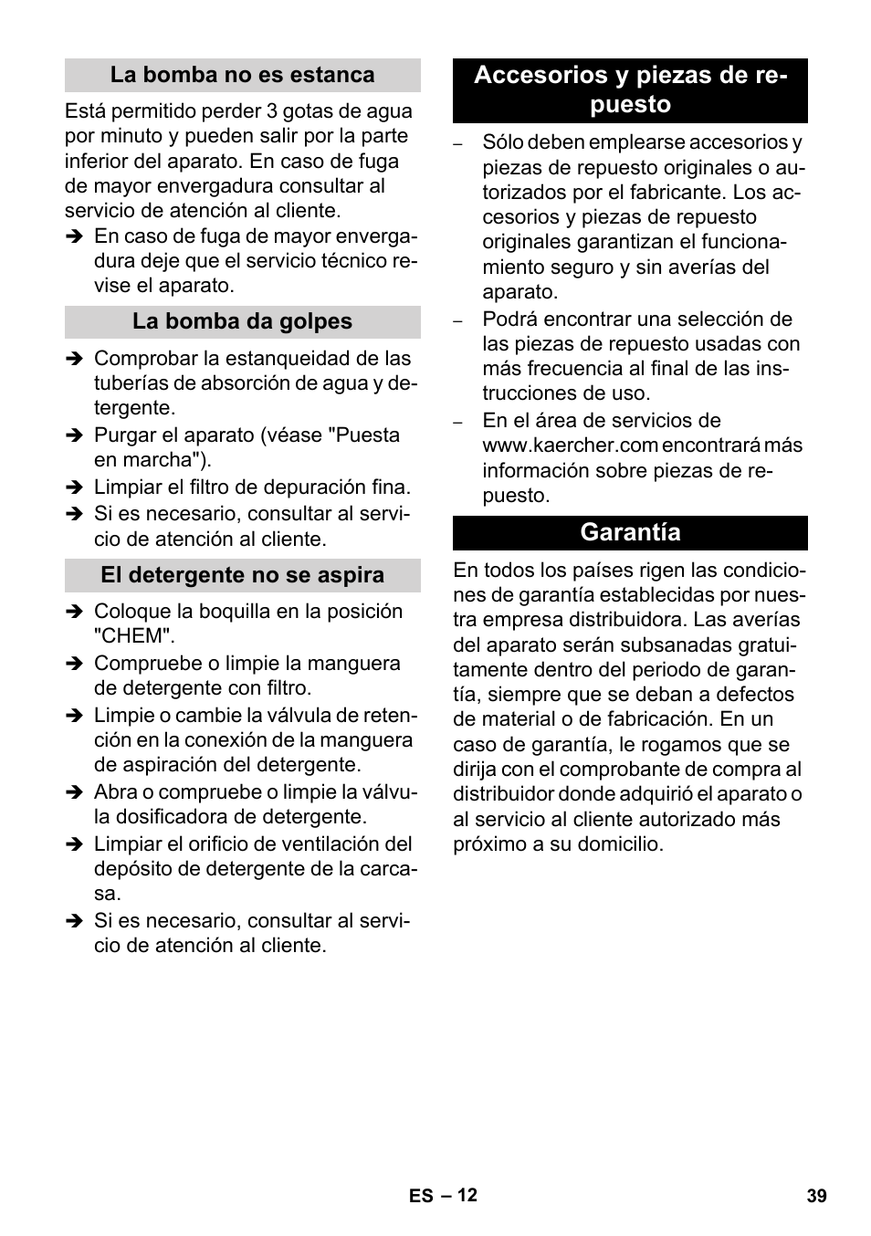 Accesorios y piezas de re- puesto garantía | Karcher HD 4-5-32-4 S Ec User Manual | Page 39 / 44