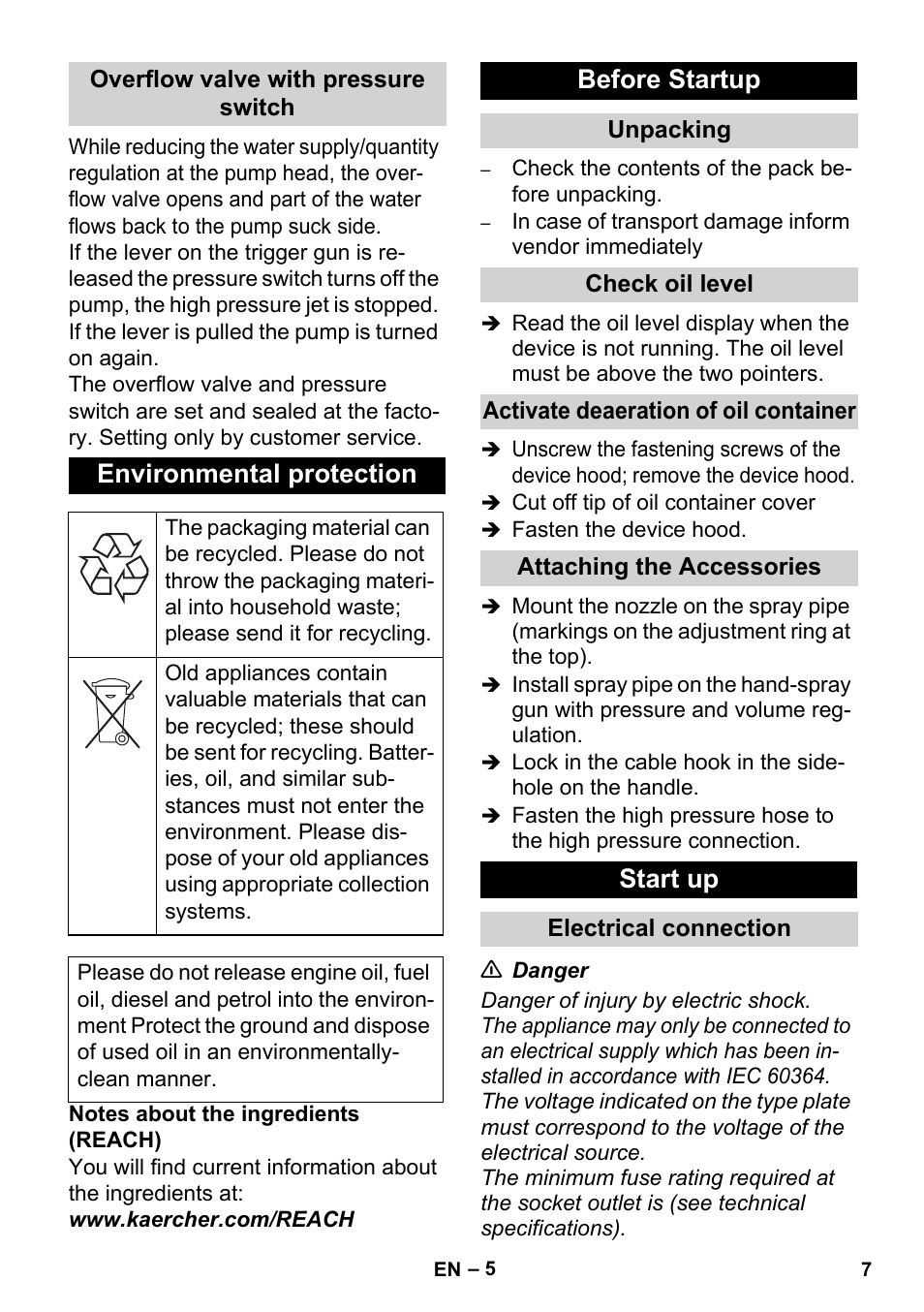 Environmental protection, Before startup, Start up | Karcher HD 4-5-32-4 S Ec User Manual | Page 7 / 44