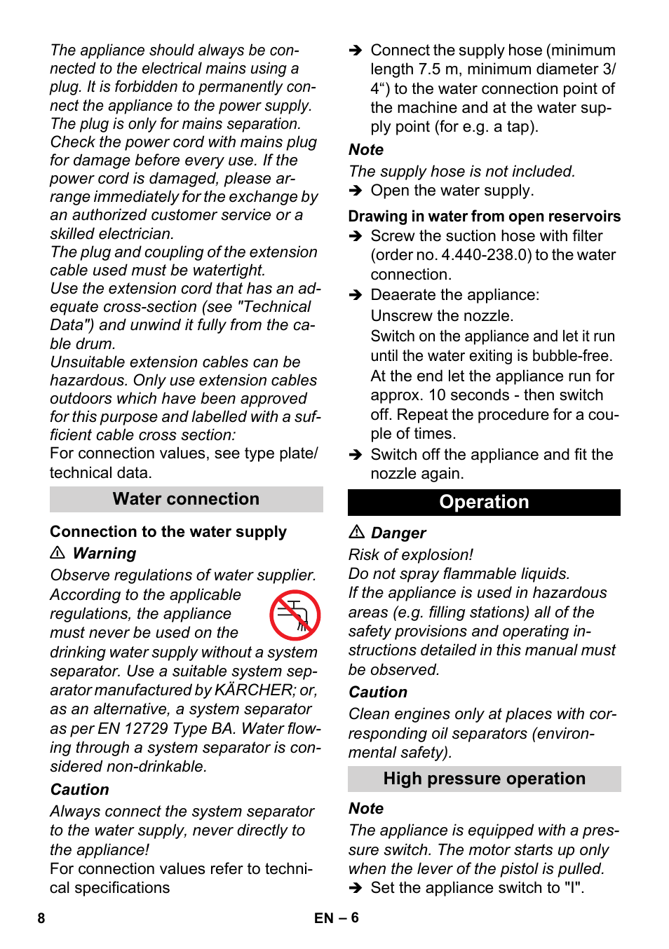 Operation | Karcher HD 4-5-32-4 S Ec User Manual | Page 8 / 44
