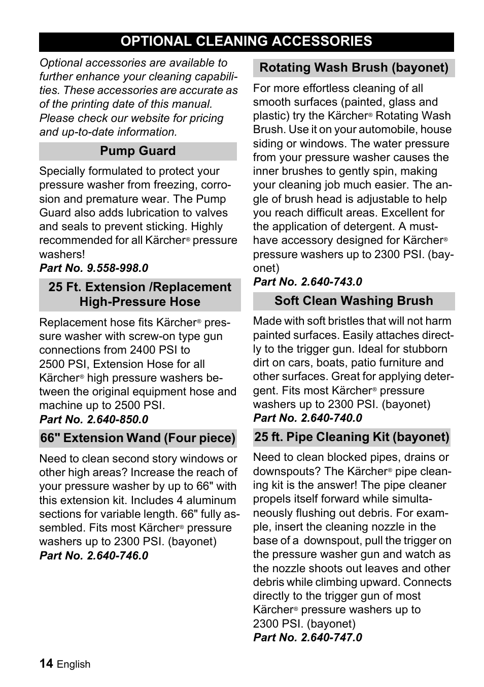 Optional cleaning accessories | Karcher K 3-49 M Plus User Manual | Page 14 / 52