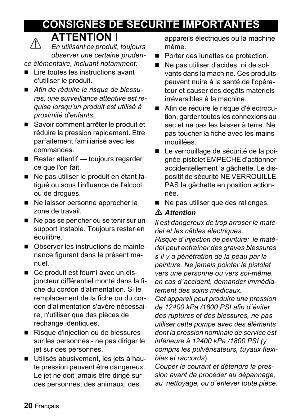Attention, Consignes de securite importantes | Karcher K 3-49 M Plus User Manual | Page 20 / 52