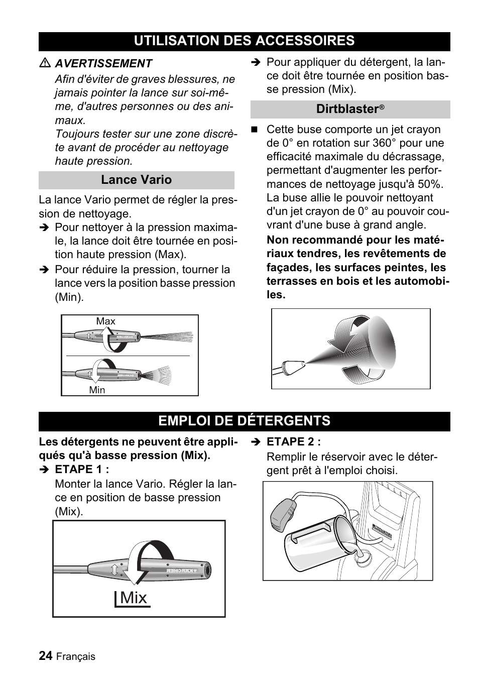 Utilisation des accessoires, Emploi de détergents | Karcher K 3-49 M Plus User Manual | Page 24 / 52