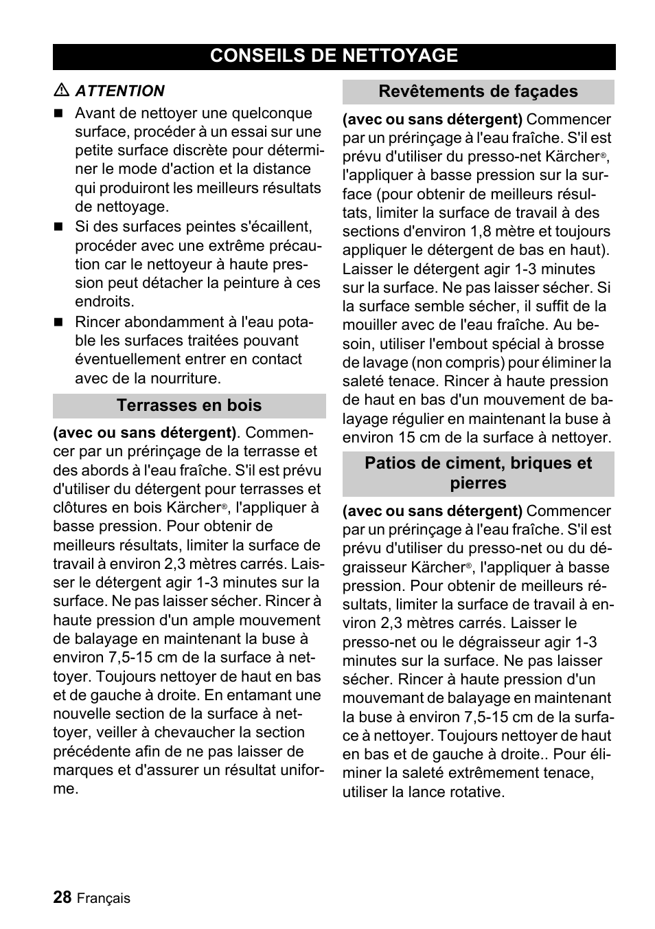 Conseils de nettoyage | Karcher K 3-49 M Plus User Manual | Page 28 / 52