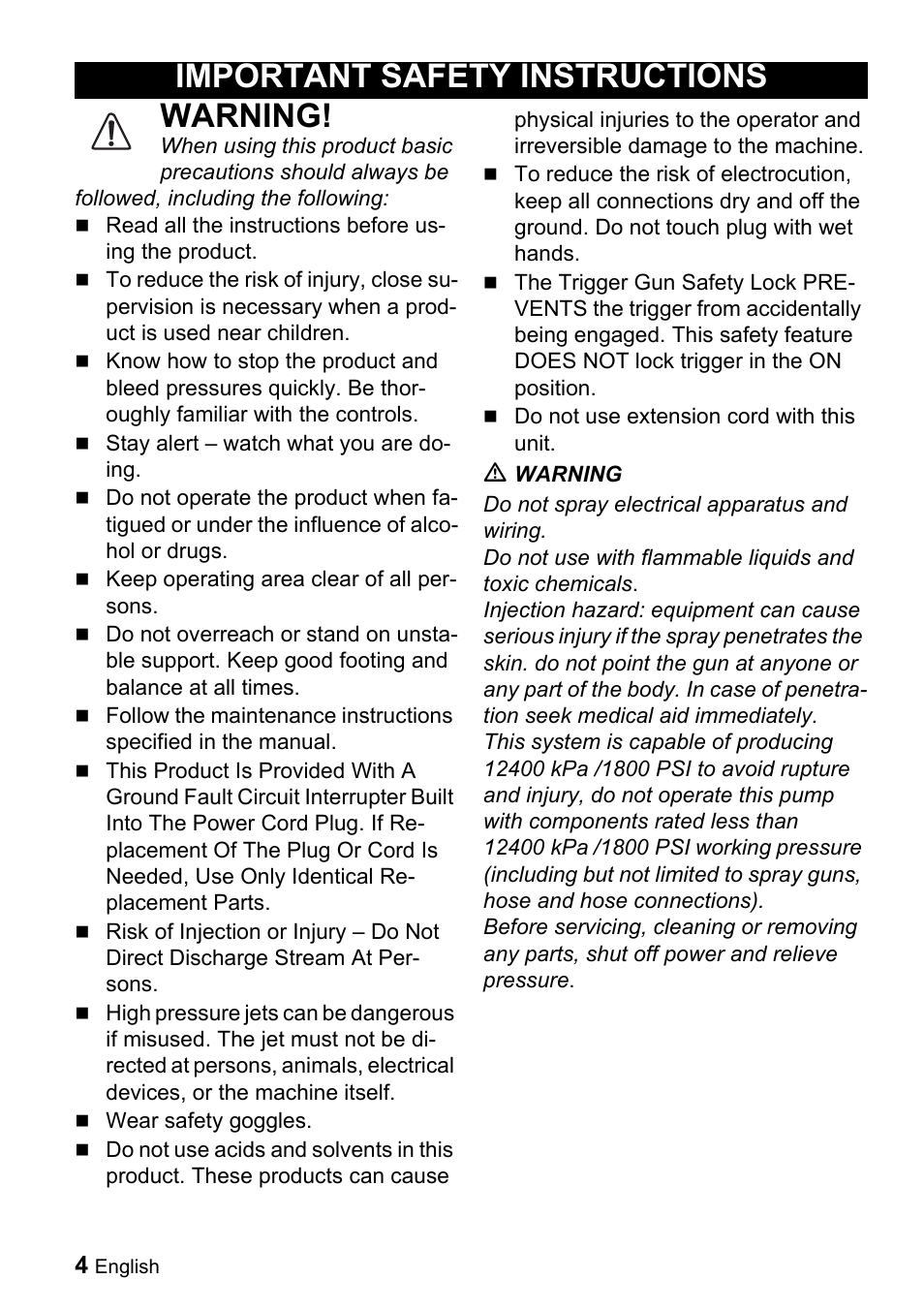 Warning, Important safety instructions | Karcher K 3-49 M Plus User Manual | Page 4 / 52