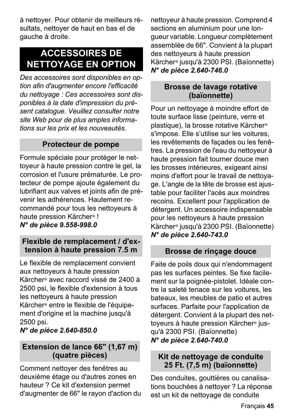 Accessoires de nettoyage en option | Karcher K 5-85 M User Manual | Page 45 / 48