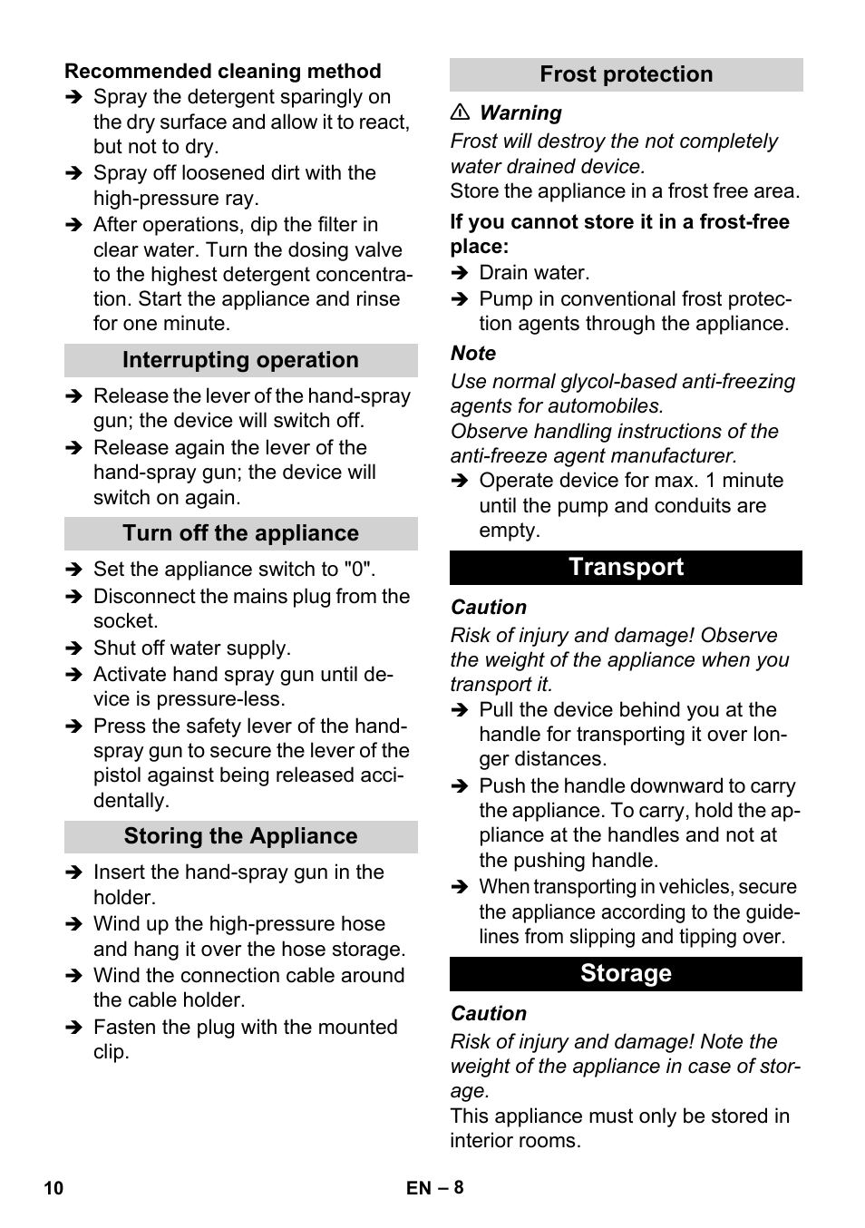 Transport storage | Karcher HD 1-8-13 C Ed User Manual | Page 10 / 40