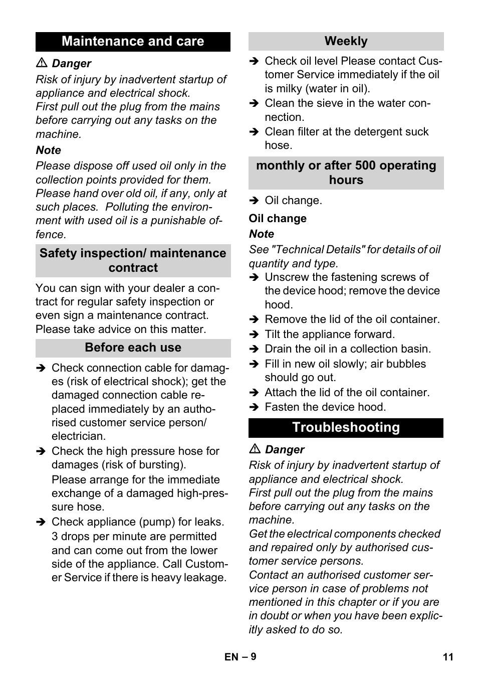 Maintenance and care, Troubleshooting | Karcher HD 1-8-13 C Ed User Manual | Page 11 / 40