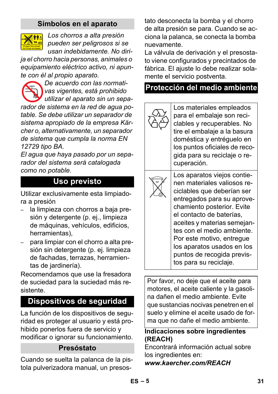 Uso previsto dispositivos de seguridad, Protección del medio ambiente | Karcher HD 1-8-13 C Ed User Manual | Page 31 / 40