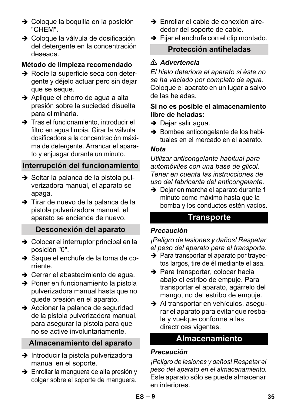 Transporte almacenamiento | Karcher HD 1-8-13 C Ed User Manual | Page 35 / 40