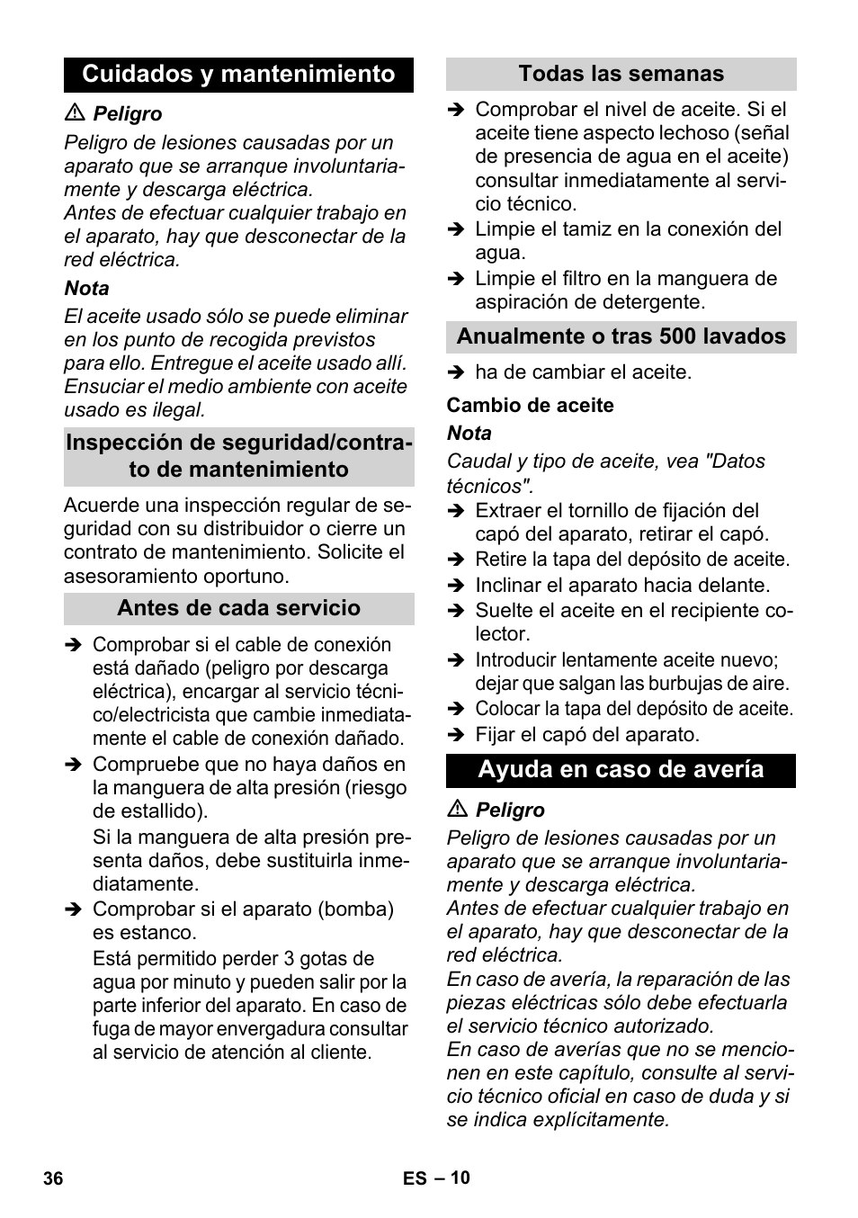 Cuidados y mantenimiento, Ayuda en caso de avería | Karcher HD 1-8-13 C Ed User Manual | Page 36 / 40