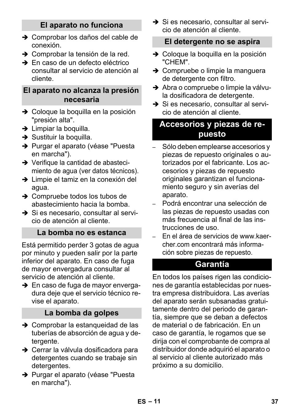 Accesorios y piezas de re- puesto garantía | Karcher HD 1-8-13 C Ed User Manual | Page 37 / 40