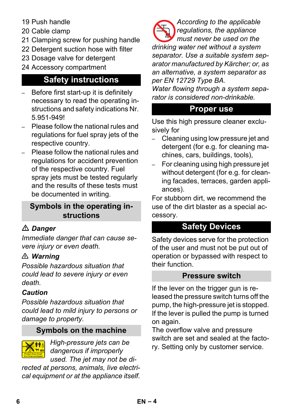 Safety instructions, Proper use safety devices | Karcher HD 1-8-13 C Ed User Manual | Page 6 / 40