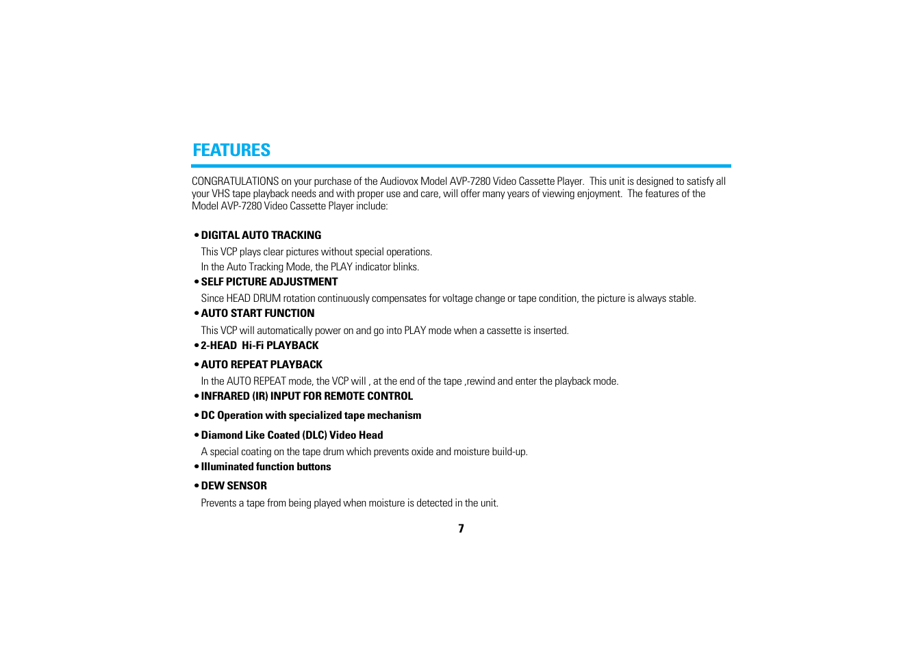 Features | Audiovox AVP7280 User Manual | Page 10 / 30